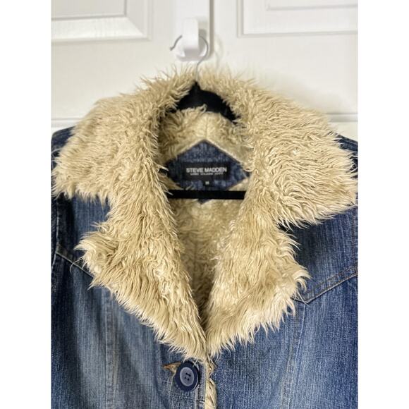 VTG Steve Madden Coat Womens Medium Blue Denim Faux Shearling Lined Long Y2K - Picture 6 of 10